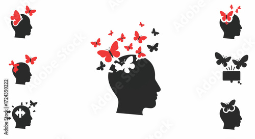 Silhouette head releases butterflies representing thoughts and ideas in a clean, minimalist style, symbolizing mental freedom and creativity.