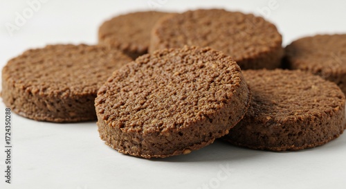 Dark brown textured patties stacked neatly soft light. AI Generated
