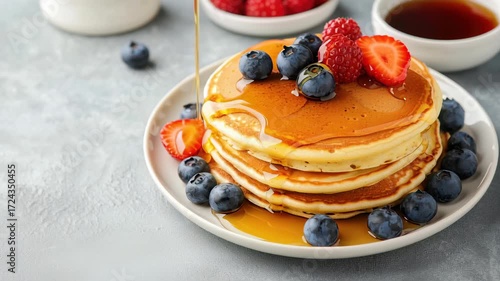 Delicious pancakes stacked high with fresh blueberries, strawberries, and raspberries, drizzled with golden syrup, create mouthwatering breakfast dessert that satisfies sweet cravings