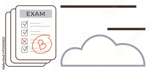 Graded exam paper stack marked with B next to a cloud graphic highlighting digital storage, remote access, education, analytics, e-learning, record management, and performance assessment. A simple