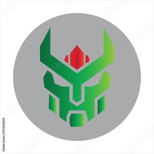 Futuristic warrior mask logo with green and red accents