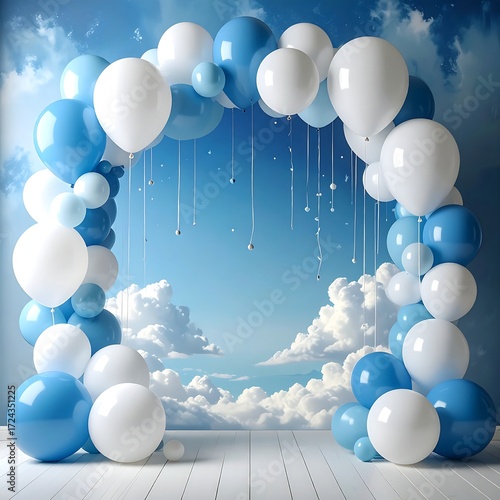Balloon arch, baby shower backdrop.  Sky, clouds, white, blue balloons