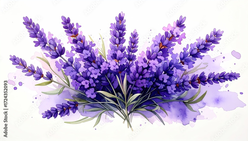 Fototapeta premium Minimalist watercolor-style illustration of a lavender bouquet, soft purple tones, isolated on white. 