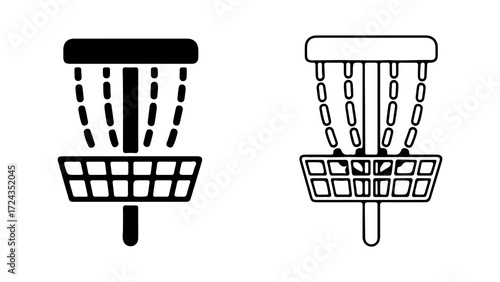 Two disc golf baskets one black and one white are shown.