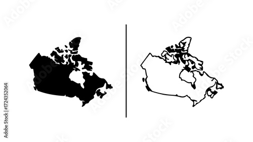 Two distinct Canadian map outlines one solid black and one with a black border separated by a vertical line.
