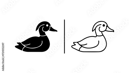Two duck illustrations one solid black and one outline side by side.