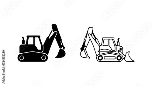 Two excavator icons one black and one outline on white background.