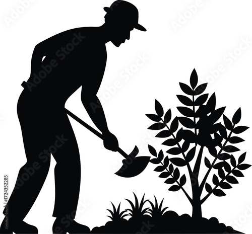 Gardener pruning shrubs silhouette style vector