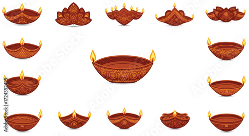 Diwali lamps glowing warmly, arranged in decorative patterns on a white surface, creating a festive and spiritual atmosphere.