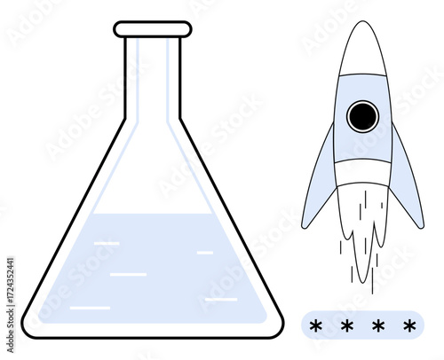 Laboratory flask filled with liquid beside a rocket launching upward. Ideal for innovation, research, creativity, progress, development, discovery, future vision. Clean simple flat metaphor