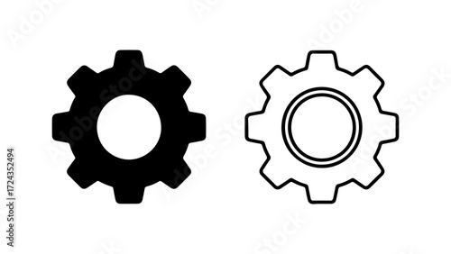 Two gear icons one solid black one outlined white focused on mechanical parts engineering and technology.