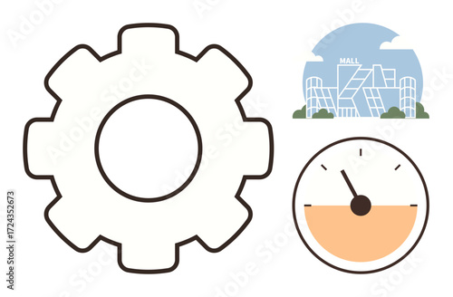 Gear emphasizing process, mall symbolizing retail development, and speedometer indicating efficiency. Ideal for business strategy, retail optimization, urban planning, productivity, system