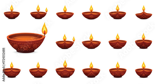Diwali lamps glowing warmly in a row, celebrating the festival of lights with traditional earthenware oil lamps, creating a festive and spiritual atmosphere.