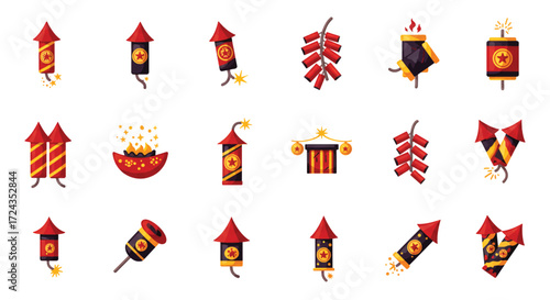 Colorful firecrackers and festive decorations celebrate the Chinese New Year with vibrant energy and traditional symbolism.