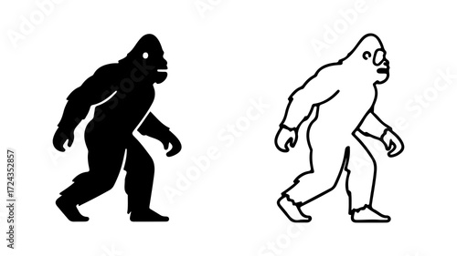 Two illustrations of a large apelike creature one in solid black silhouette and the other in a simple line drawing both in a walking posture.