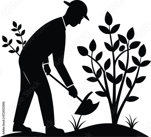 Gardener pruning shrubs silhouette style vector