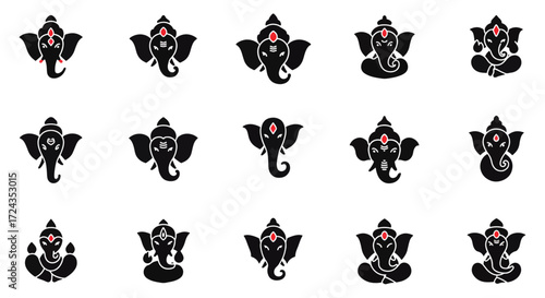 Ganesha symbols arranged in grid pattern representing hindu deity and prosperity for spiritual and cultural themes.