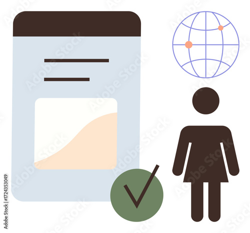 Smartphone screen, globe with network points, female figure, and green checkmark. Ideal for technology, communication, identity verification, user profile, global outreach networking simple flat