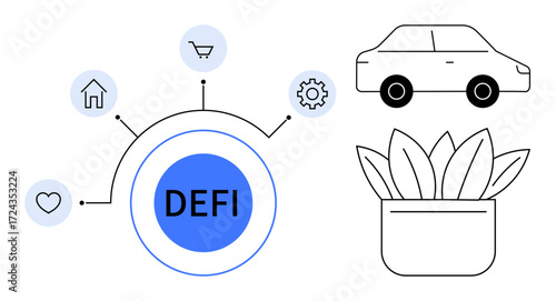 Circular DEFI hub linked to icons representing a heart, home, cart, gear, car, and plant pot. Ideal for fintech, innovation, blockchain sustainability automation minimalism digital economy