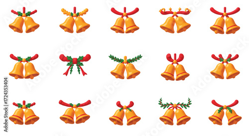Golden christmas bells adorned with festive ribbons and holly berries arranged in neat rows, radiating holiday cheer and anticipation.