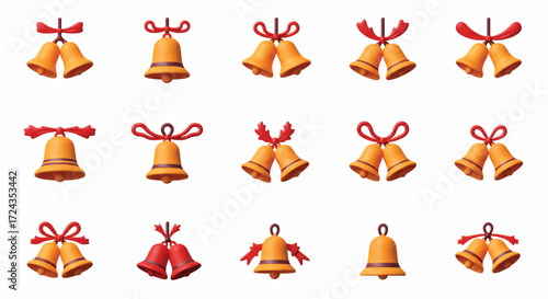 Golden christmas bells ringing with red ribbon in festive holiday scene, creating joyful and celebratory atmosphere.