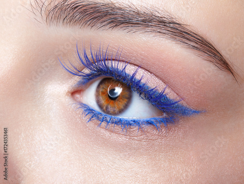 Human female eye with blue eyelashes makeup.