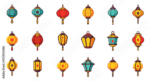 Colorful chinese lanterns hanging in a row, creating a festive atmosphere for celebrations and cultural events.