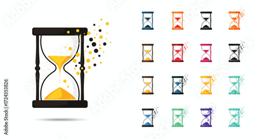 Hourglass measuring time with golden sand flowing through the glass on white surface, representing deadlines and time management.