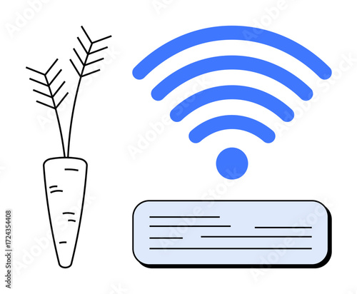 Blue wireless signal symbol, simple carrot outline, and text box with lines. Ideal for technology, communication, digital connection, network, minimal design agriculture tech online data. Simple