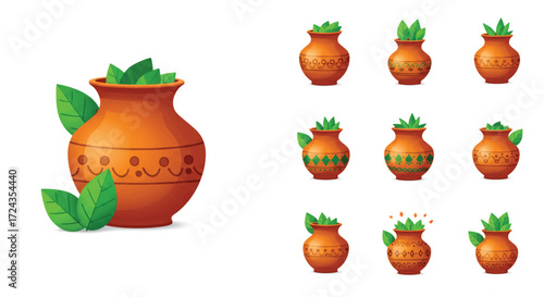 Earthen pots filled with green leaves represent auspicious beginnings in traditional Indian rituals, symbolizing prosperity and new life.