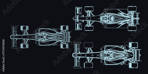 High-tech and fast car, linear light silhouette of a racing car isolated on a black background. Top and side views. Vector illustration.