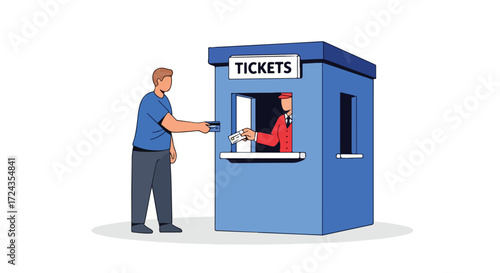 Purchasing entrance passes for event, depiction of entertainment access acquisition process at the booth with a worker interaction