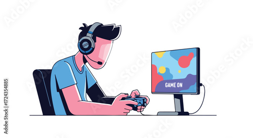 Immersed gamer with headset in digital world, focused on screen, controller in hand, ready to conquer challenges and celebrate virtual victories