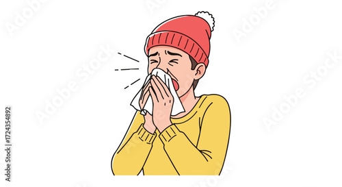 Character suffering from cold or allergies blowing nose into tissue illustration