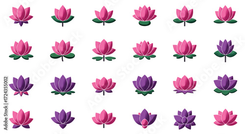 Collection of lotus flowers in various shades of pink and purple arranged in neat rows on white backdrop, symbolizing purity and enlightenment.