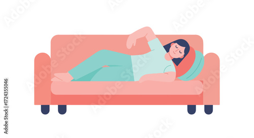 Stylized vector illustration of a woman relaxing on a cozy couch, showcasing serene leisure and simple domestic comfort isolated on white background