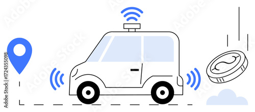 Self-driving car sending wireless signals beside a location marker and digital coin. Ideal for navigation, smart cars, innovation, mobility, technology, payment integration, future commuting, simple