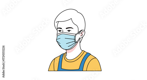 Illustration depicting a young man wearing a protective face mask for health and safety protocols to combat airborne illnesses