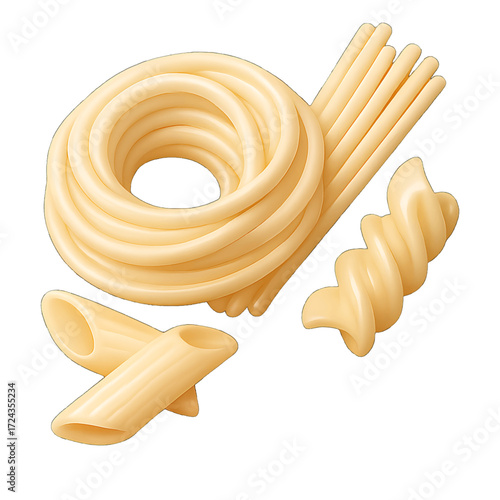 Raw Pasta Shapes Icon with Spaghetti Penne and Fusilli Both Tangled and Arranged on Transparent Background 3D Style