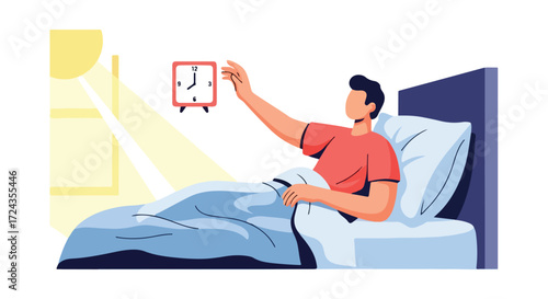 A sleepy man in bed reaching for his alarm clock in the morning sunlight, illustrating a common struggle to wake up