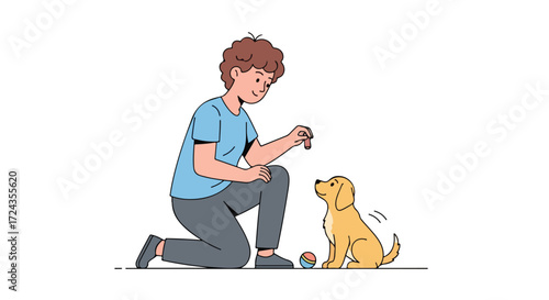 Captivating moment: Young man training his golden retriever puppy with a treat and bonding through playful interaction creating a heartwarming scene