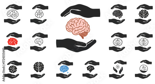 Hands gently cradle a brain, symbolizing mental health and cognitive wellbeing with care and protection in a supportive environment.