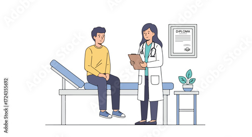 Doctor consulting with patient in examination room, maintaining clinical records for medical history and health management in modern hospital setting