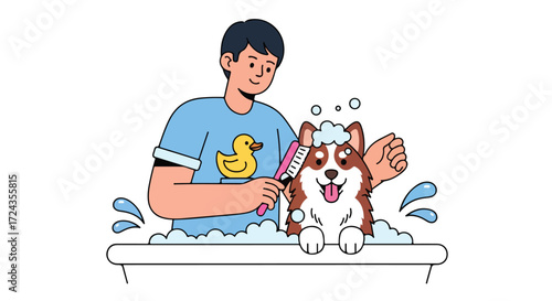 Delightful grooming scene: A charming illustration of a man lovingly bathing his fluffy brown and white dog, ensuring a clean and happy pet,