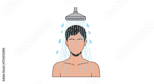 Illustration of a man taking a shower under the water falling from the shower head in simple style