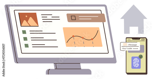 Computer screen displaying data charts, text, and graphic elements next to a smartphone with a verification message and fingerprint sensor. Ideal for cybersecurity, authentication, technology