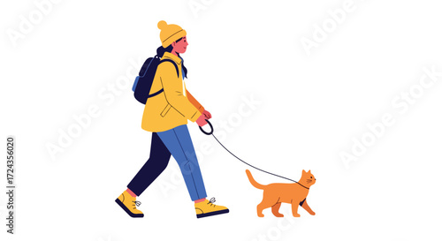 A Curious Cat Strolls with Its Person in the City, Featuring Walking in Simple Style and an Orange Feline Companion on Leash