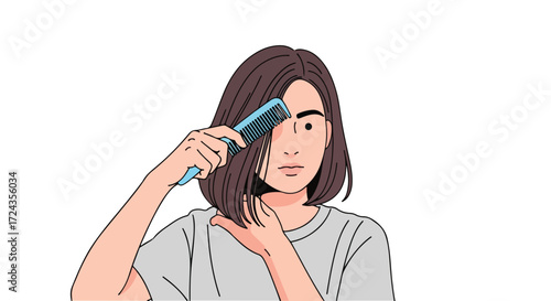 Illustration depicting a young woman with short brown hair combing her hair in a grooming routine against a plain background