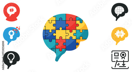 Human brain composed of colorful puzzle pieces representing intelligence, problemsolving, and cognitive function in a learning and educational context.