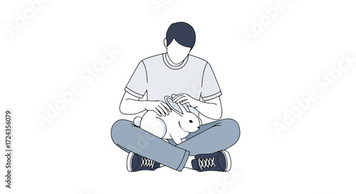 Stylized line drawing of a person sitting cross-legged petting a white rabbit with gentle affection and a peaceful demeanor